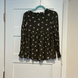 Lovely Melody Olive Rust Floral Ruffle Accent Maternity Babydoll Top size small